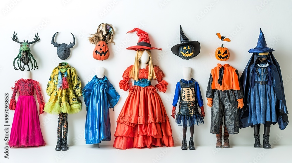 Obraz premium An assortment of whimsical Halloween costumes displayed on a white background, capturing the joy and creativity of children's attire