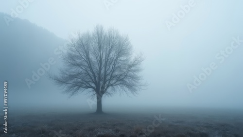 Generative AI, a lone tree in a field with mountains in the background in the foggy morning hours of winter in the valley, mist, a matte painting, tonalism 