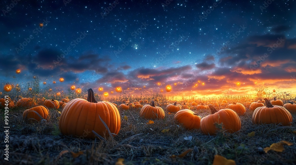 An enchanted pumpkin patch at twilight, with vibrant pumpkins glowing softly under the starry sky An enchanted pumpkin patch at twilight, with vibrant pumpkins glowing softly under the starry sky