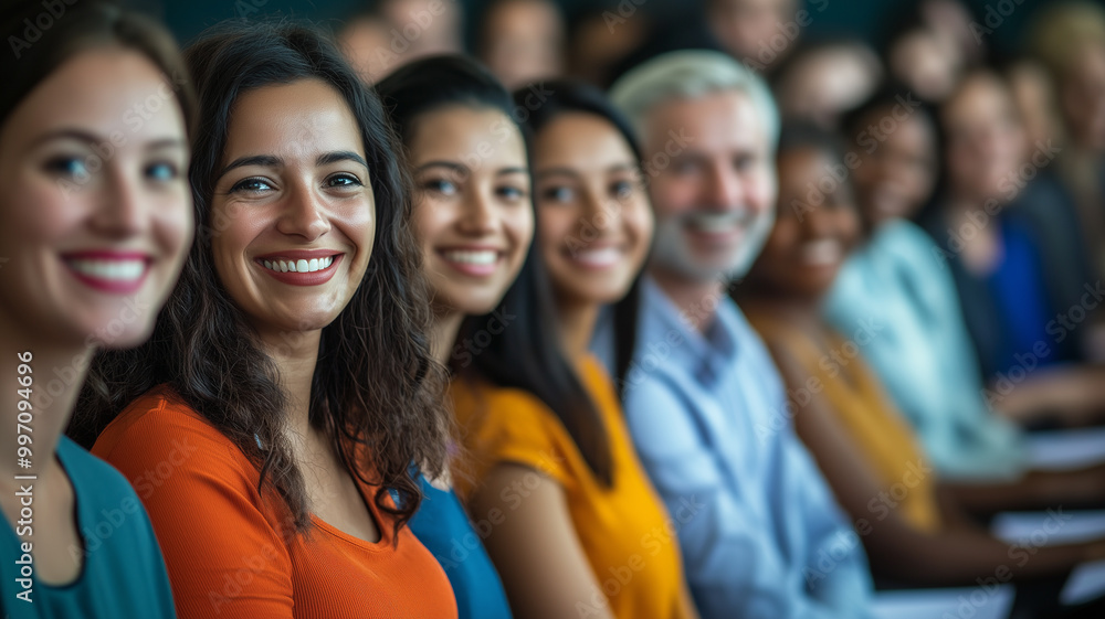 Diverse and inclusive group of office colleagues smiling at a training course. Multiracial group of woman and men following a course, symposium, training. Colleagues learning new skills. Diverse and inclusive group of office colleagues smiling at a training course. Multiracial group of woman and men following a course, symposium, training. Colleagues learning new skills.