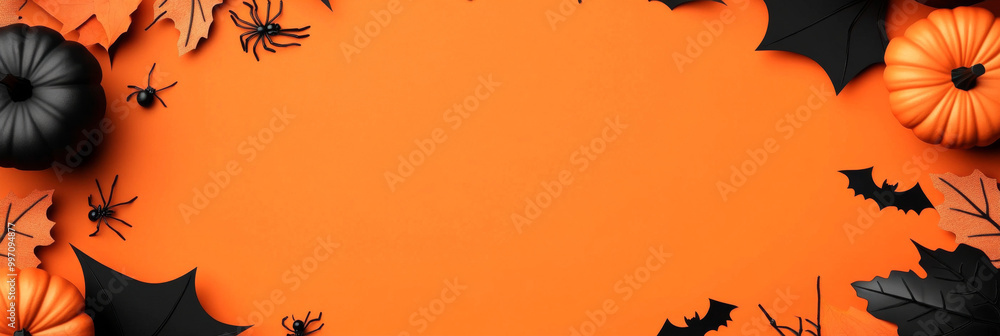 Halloween pumpkins, bats, and spiders on orange background. Halloween pumpkins, bats, and spiders on orange background.
