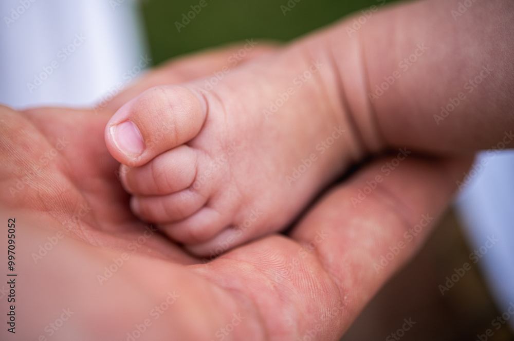 leg of newborn baby held by parents, baby, close-up view, selective focus leg of newborn baby held by parents, baby, close-up view, selective focus