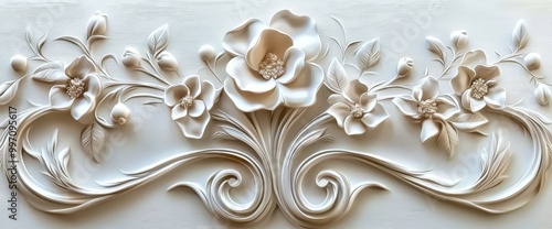 A white floral design features many flowers and leaves