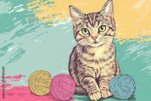 A cute cartoon cat sits playfully beside yarn balls on a colorful background, ideal for pet lovers and children's themes. photo