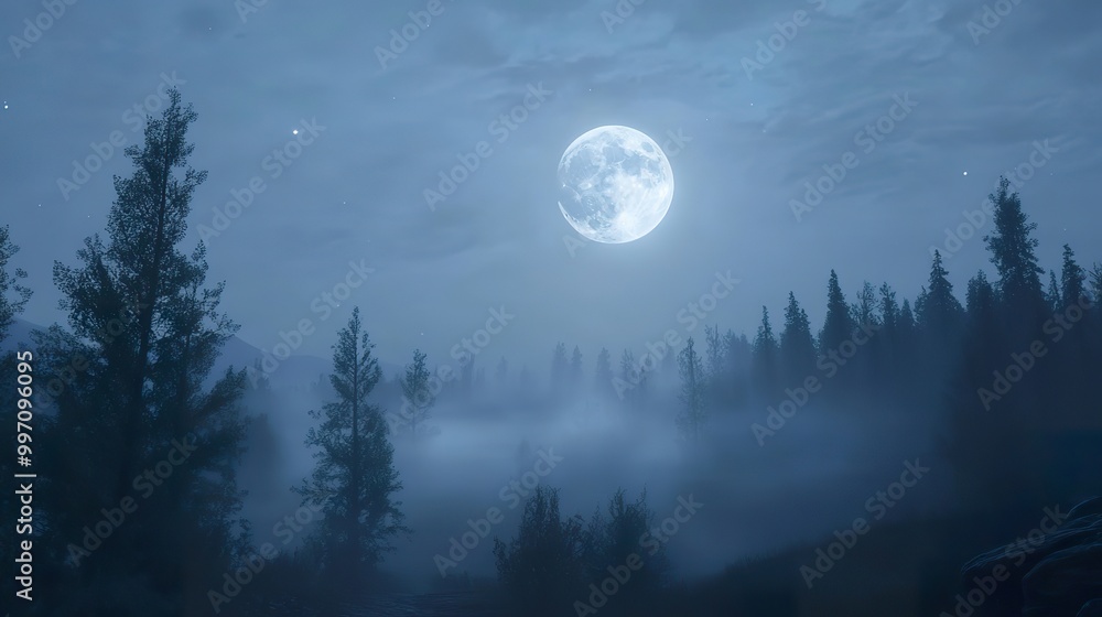 Full moon glowing through thin mist, faint face forming in the sky. Full moon glowing through thin mist, faint face forming in the sky.