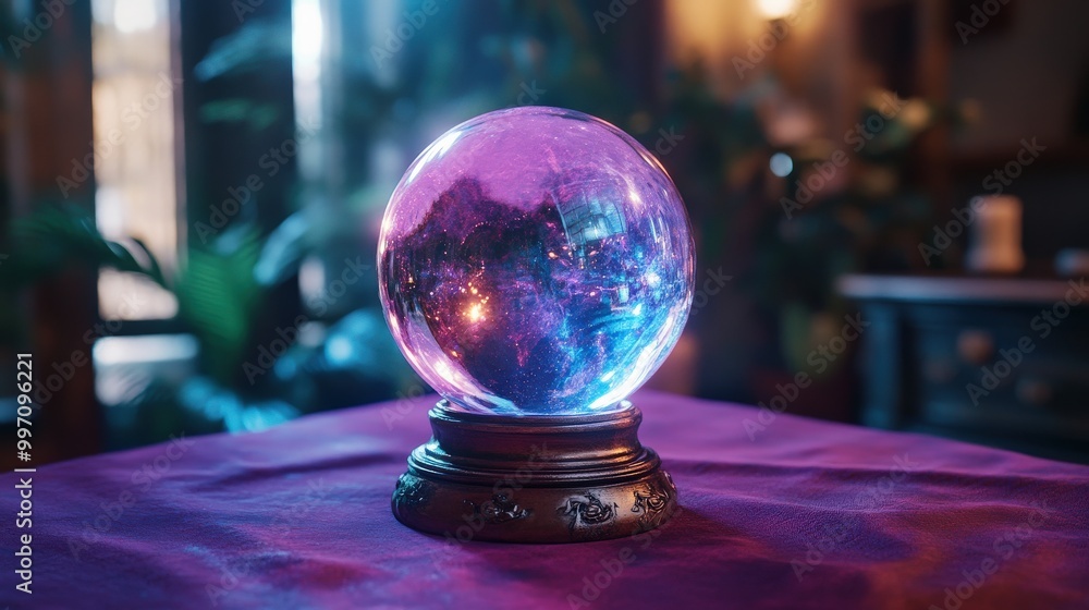 Mystical glowing crystal ball surrounded by ethereal mist in blue and purple hues Mystical glowing crystal ball surrounded by ethereal mist in blue and purple hues