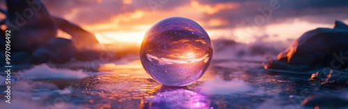 Mystical glowing crystal ball surrounded by ethereal mist in blue and purple hues photo