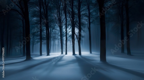 Panoramic view of a snow-covered forest in heavy fog at night. Tree shadows loom large, creating a gothic scene.