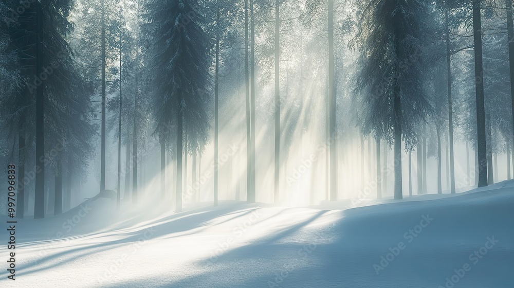 Shadows of towering pines falling across the snow, as a light mist swirls through the winter air. Shadows of towering pines falling across the snow, as a light mist swirls through the winter air.