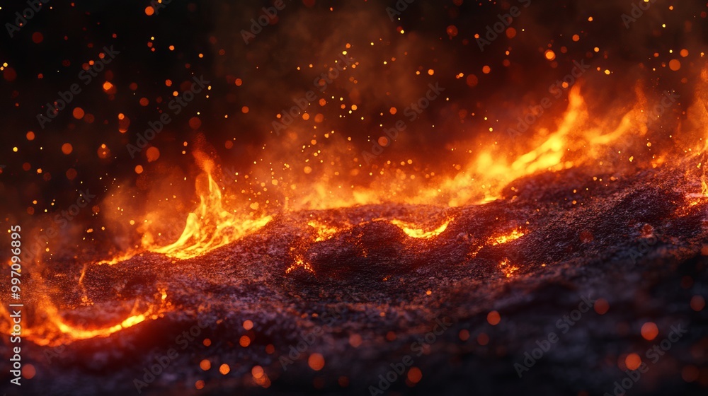 Fiery flames blazing, casting an incandescent glow on surroundings. Fiery flames blazing, casting an incandescent glow on surroundings.