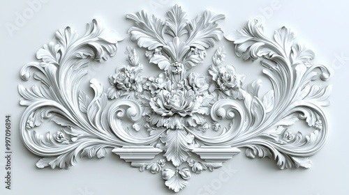 The image shows a wall adorned with a white bas relief sculpture of flowers photo