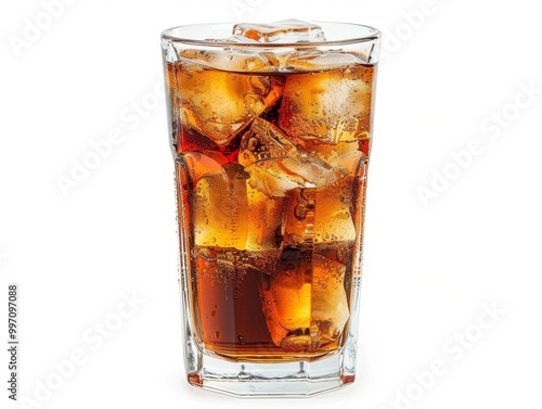 A clear glass filled with cola and ice cubes on a white background