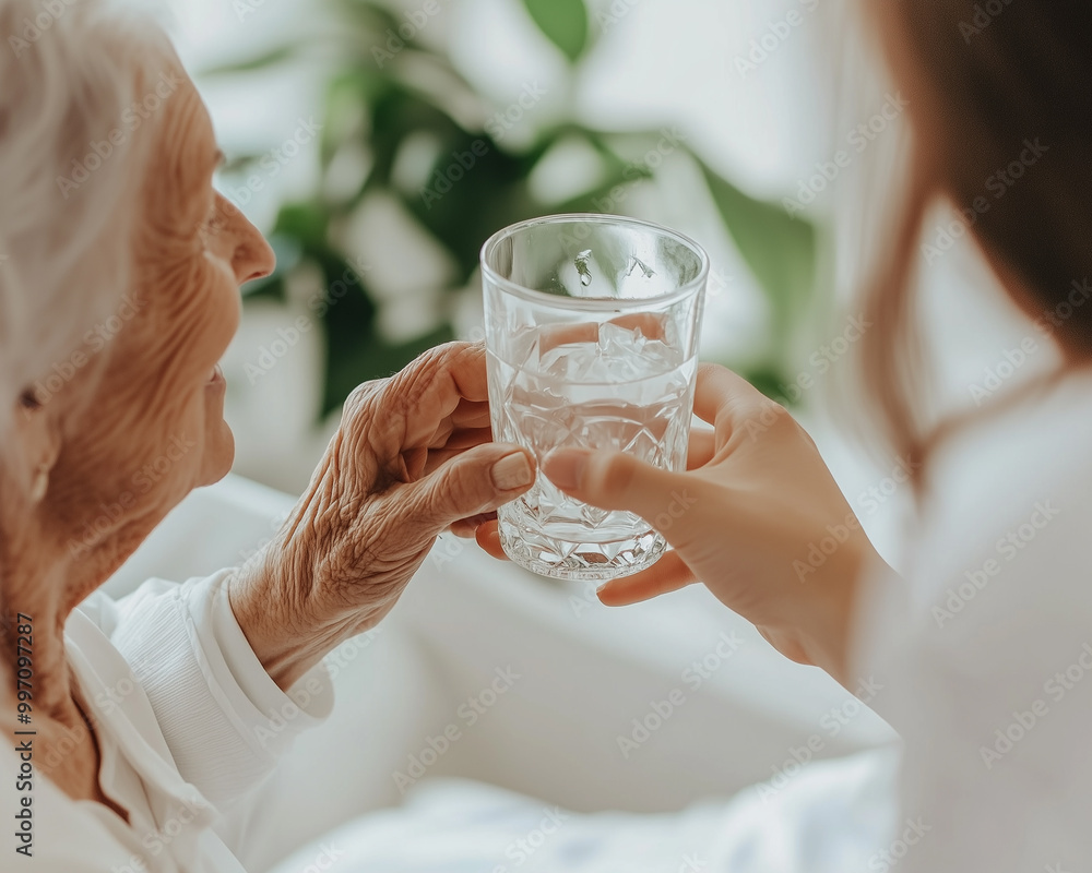 Old woman receiving a glass of water from the nurse. Old woman receiving a glass of water from the nurse.