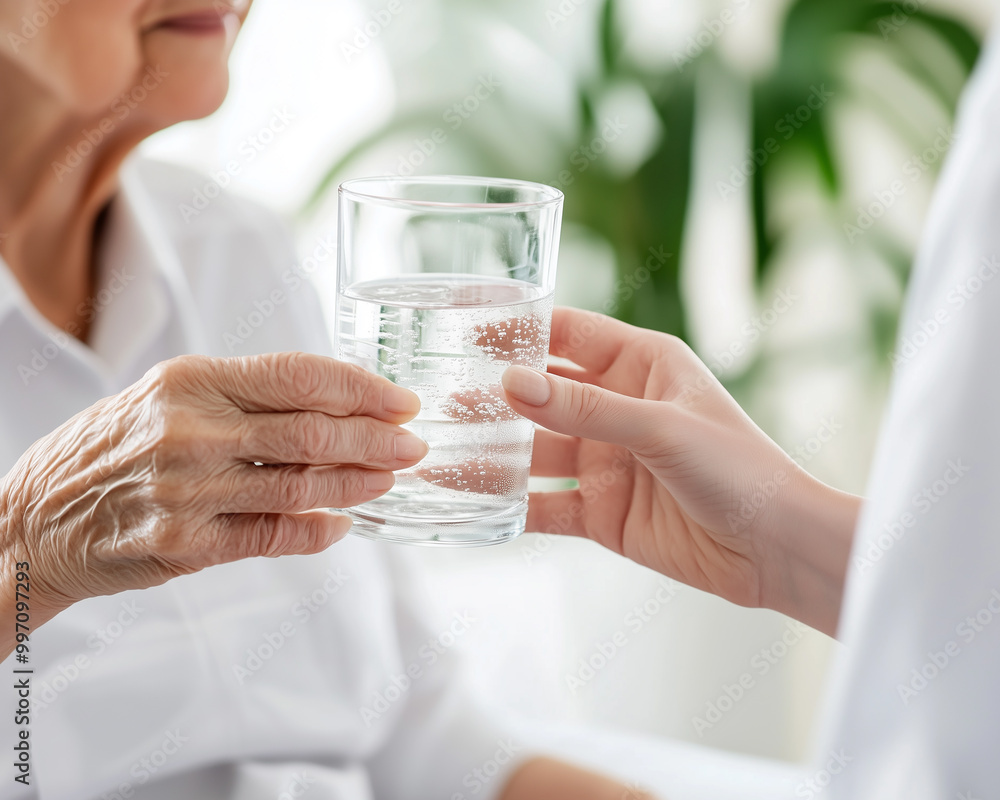 Old woman receiving a glass of water from the nurse. Old woman receiving a glass of water from the nurse.