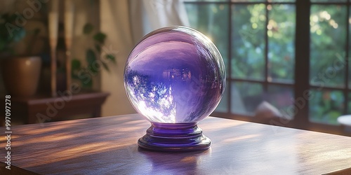 Mystical glowing crystal ball surrounded by ethereal mist in blue and purple hues photo