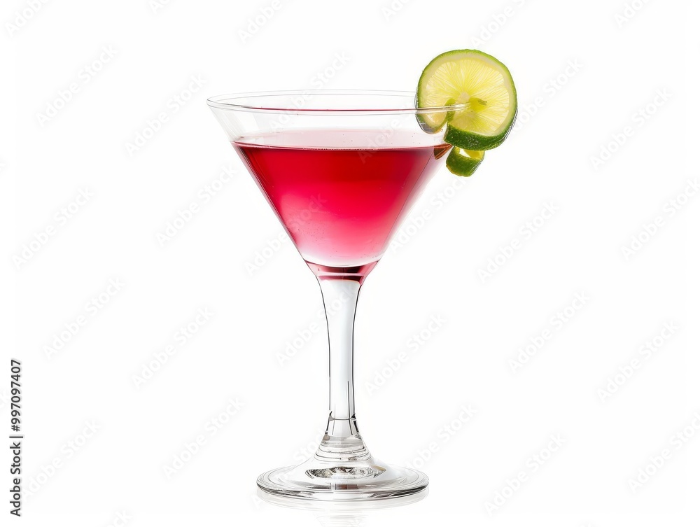 A cosmopolitan cocktail in a martini glass with a lime twist on a white background A cosmopolitan cocktail in a martini glass with a lime twist on a white background