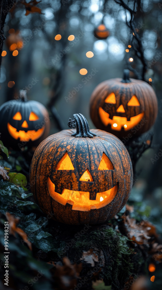 Jack-o'-lanterns glowing in a spooky forest. Jack-o'-lanterns glowing in a spooky forest.