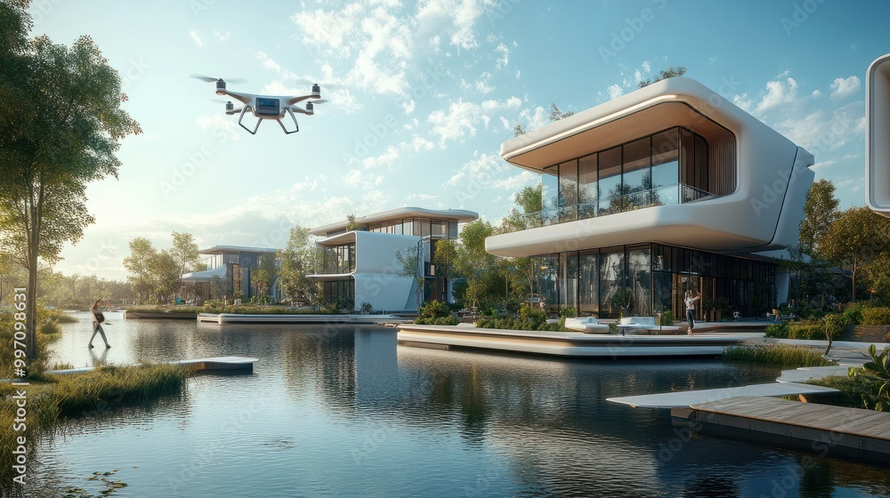 High-tech smart city by the water, sleek modern buildings with integrated smart technology, drone-based delivery systems, eco-friendly public spaces with parks and gardens, autonomous vehicles on the High-tech smart city by the water, sleek modern buildings with integrated smart technology, drone-based delivery systems, eco-friendly public spaces with parks and gardens, autonomous vehicles on the