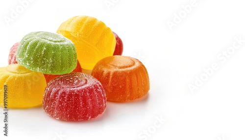 Closeup view from of assorted dried Italian jelly fruit sweet slices gum drops. isolated on white background with copy space. Sugar coated jujyfruit, photo