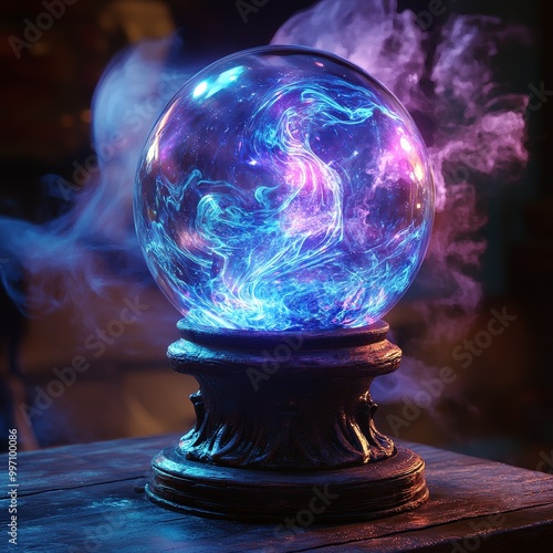 Mystical glowing crystal ball surrounded by ethereal mist in blue and purple hues photo