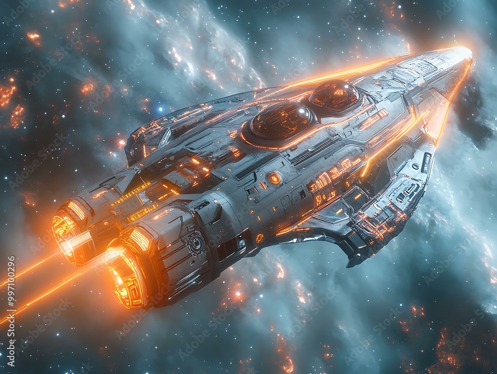 Naklejka premium Futuristic Spaceship Soaring Through the Galaxy