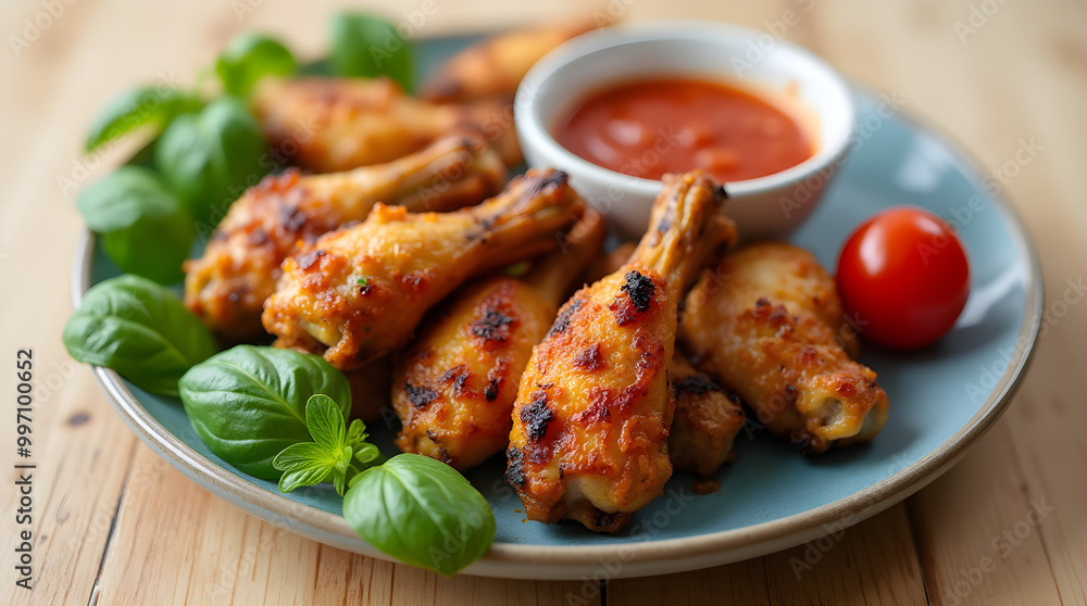 Grilled Chicken Wings with Spicy Dipping Sauce and Fresh Basil Grilled Chicken Wings with Spicy Dipping Sauce and Fresh Basil