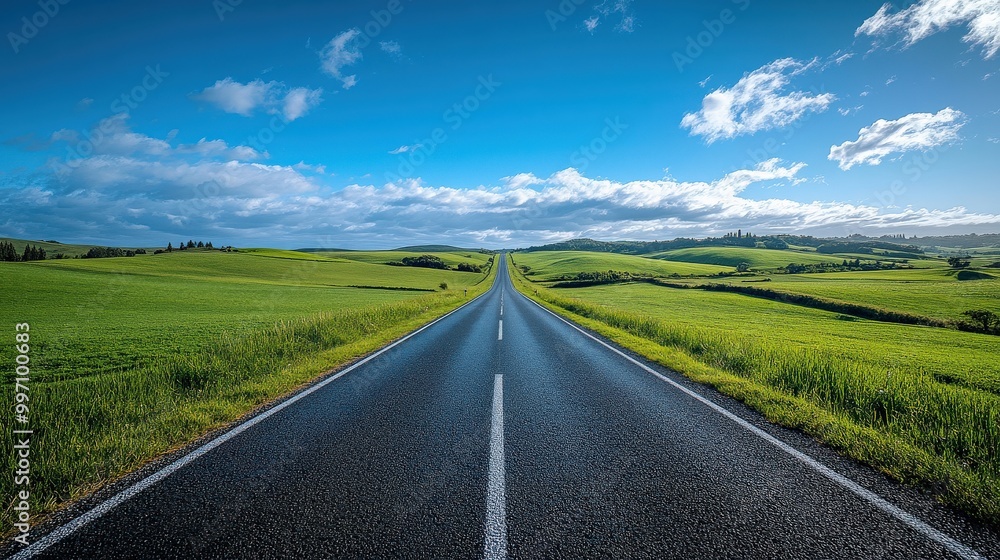 Wide open road leading into the horizon with clear blue sky and white clouds Wide open road leading into the horizon with clear blue sky and white clouds