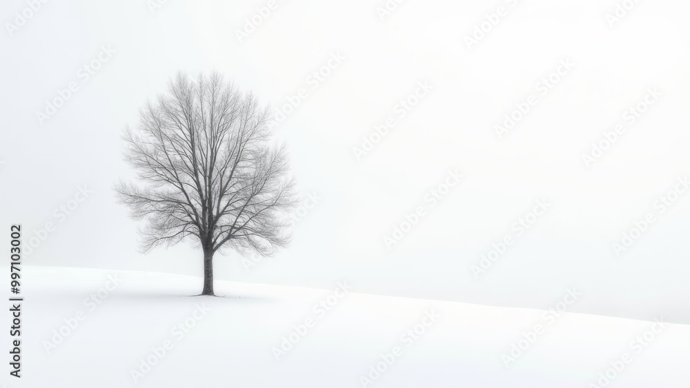 Fototapeta premium Generative AI, a lone tree in a snowy field with a white sky in the background and a few clouds in the sky, award-winning photograph, a minimalist painting, minimalism 