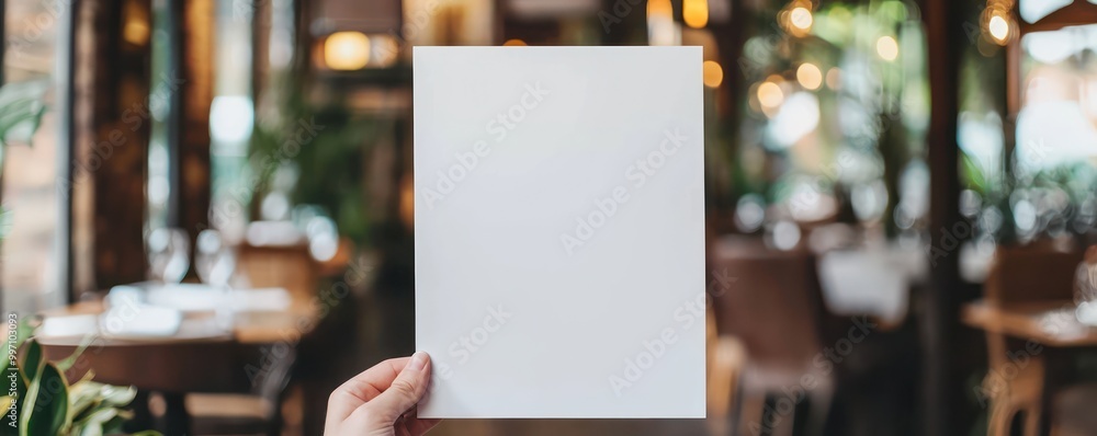 A hand presenting a blank poster, ideal for menu displays in a restaurant setting, with ample space for customization. A hand presenting a blank poster, ideal for menu displays in a restaurant setting, with ample space for customization.