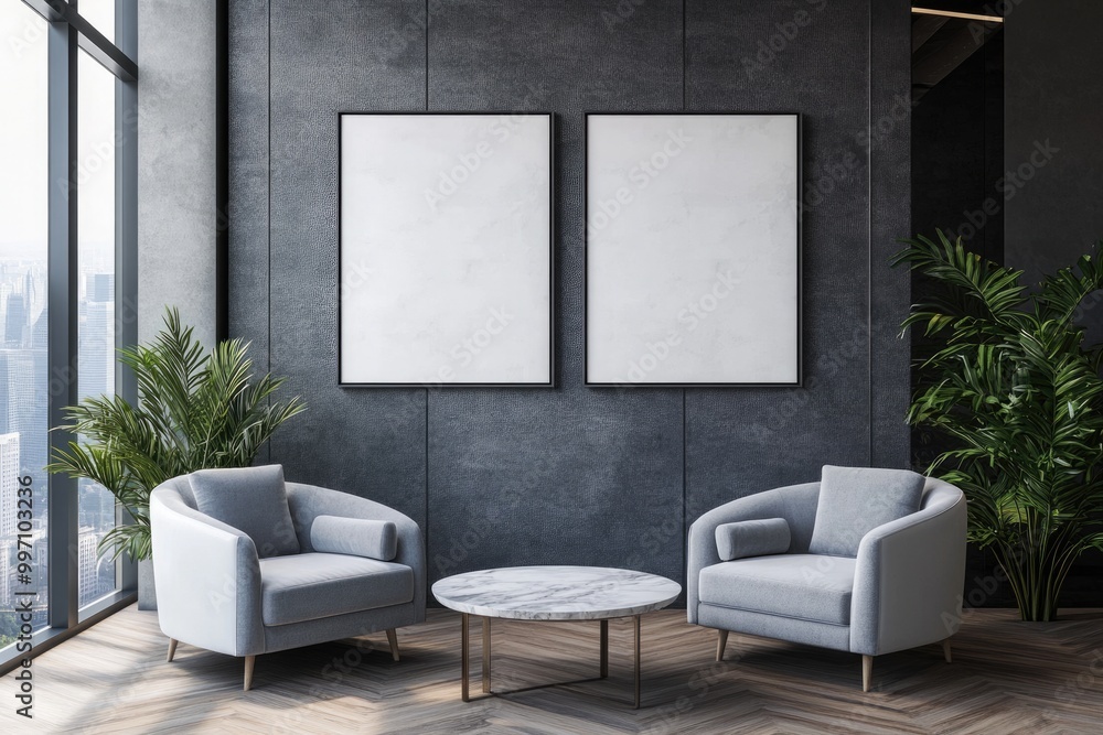 Fototapeta premium Contemporary Office Lounge with Stylish Furniture and Panoramic City View