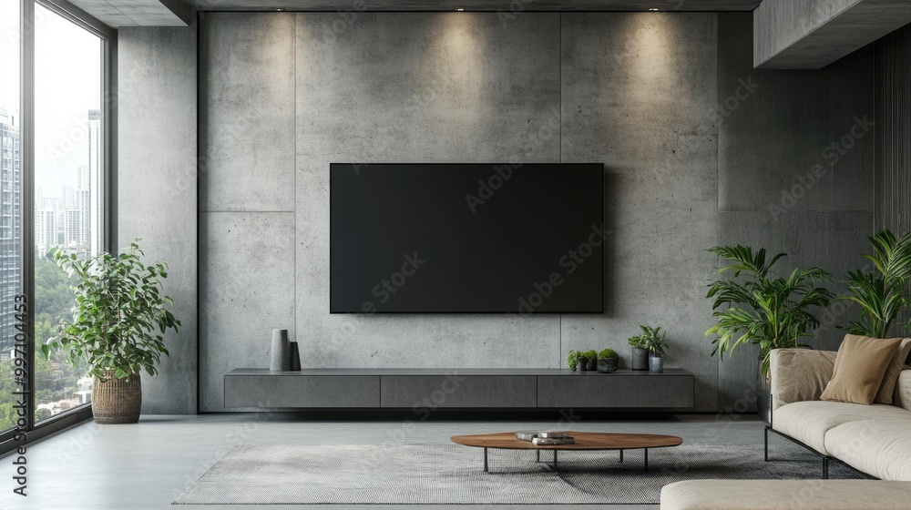 Modern Living Room Interior with TV Cabinet Mounted on Concrete Wall Modern Living Room Interior with TV Cabinet Mounted on Concrete Wall
