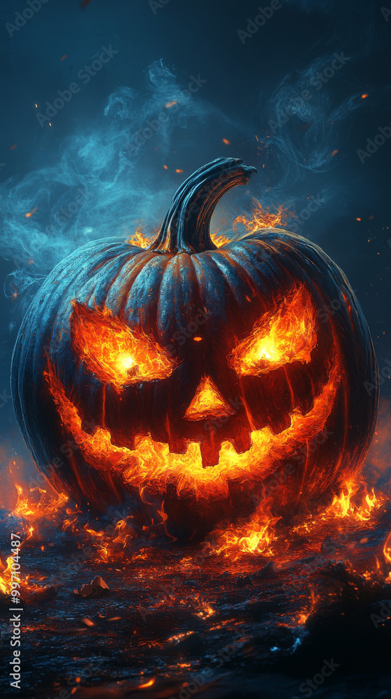 Fiery jack-o-lantern with a menacing grin. Fiery jack-o-lantern with a menacing grin.