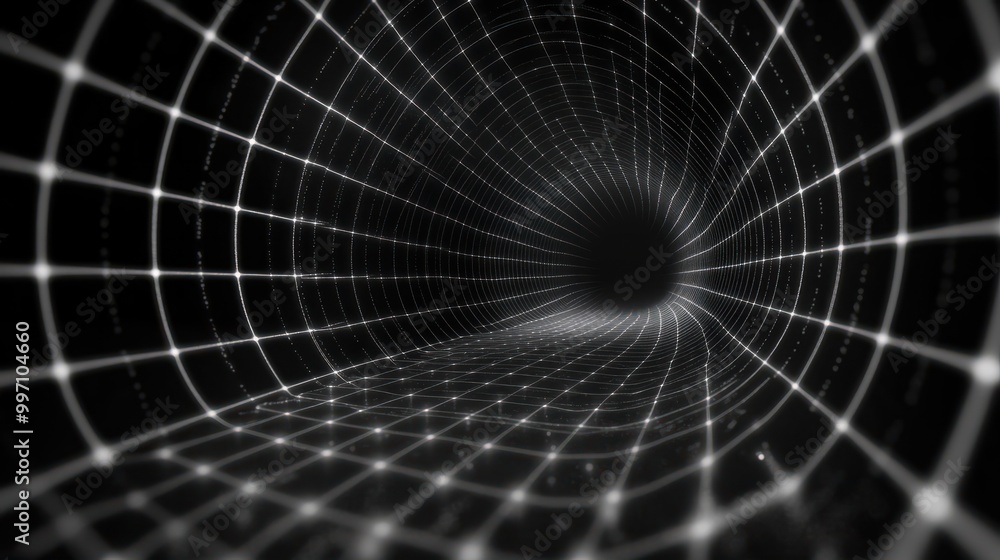Obraz premium 3d abstract black and white background. Retrowave retro 80s 90s futuristic grey laser neon grid surface. Wireframe tunnel net in dark space isolated black Disco music template