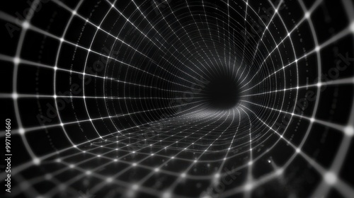 Fototapeta Naklejka Na Ścianę i Meble -  3d abstract black and white background. Retrowave retro 80s 90s futuristic grey laser neon grid surface. Wireframe tunnel net in dark space isolated black Disco music template