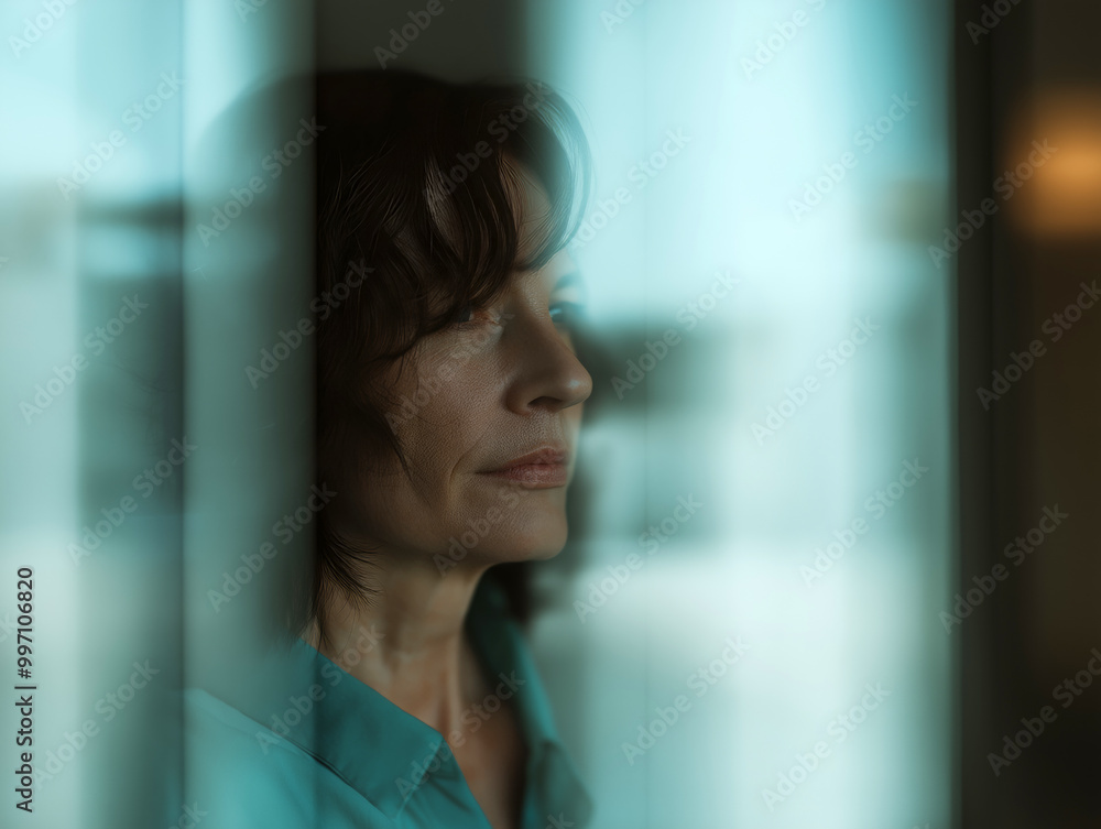 Reflective portrait of a woman gazing out of a window, surrounded by soft natural light, conveying introspection and solitude Reflective portrait of a woman gazing out of a window, surrounded by soft natural light, conveying introspection and solitude