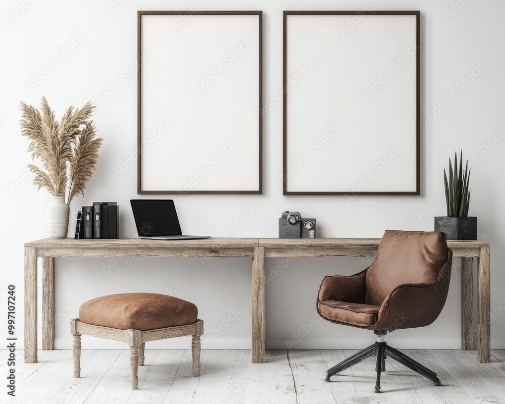 Fototapeta premium Stylish Living Room Interior with Frame Mockup and Cozy Workspace Ambiance