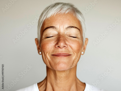 Close-up portrait of a smiling older woman with short gray hair and eyes closed, feeling content and joyful in a simple moment