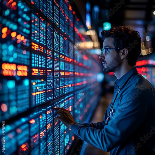 Data Center Technician Monitoring Server Room Displays
