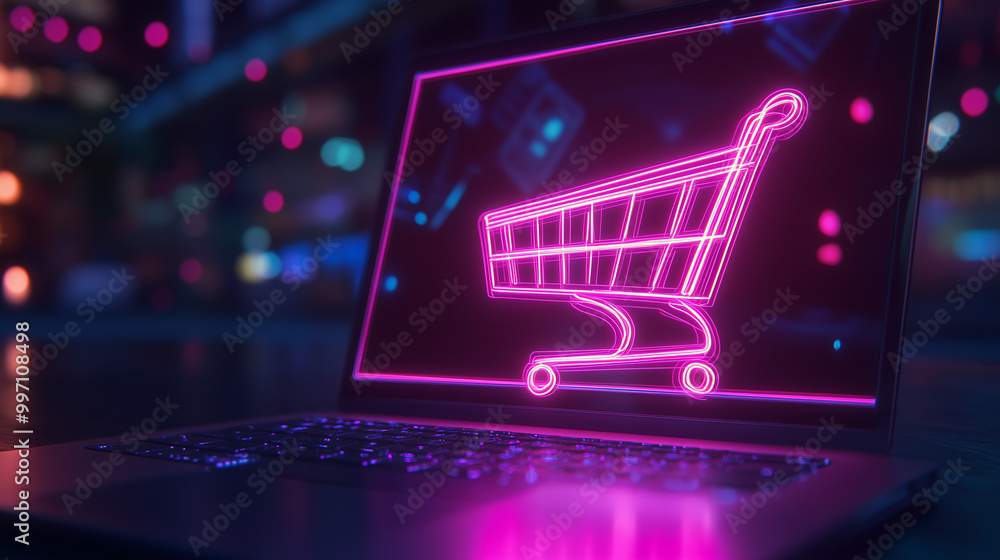 Shopping cart icon, Neon shopping cart on a laptop screen, Cyber Monday, Online shopping, Sales, Cyber offers, E commerce, Shopping from home Shopping cart icon, Neon shopping cart on a laptop screen, Cyber Monday, Online shopping, Sales, Cyber offers, E commerce, Shopping from home