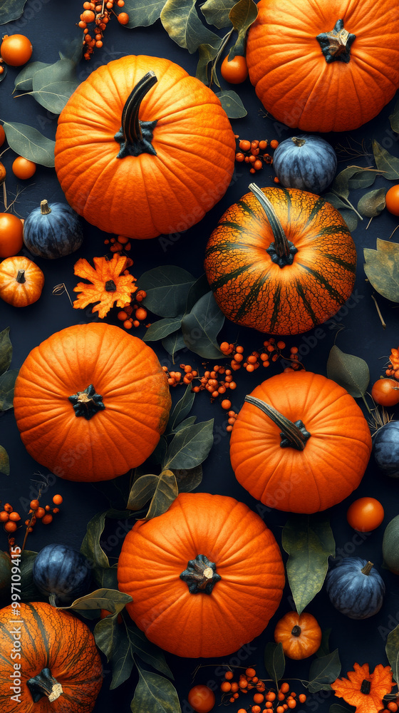 Pumpkins and fall foliage arranged on a dark background. Pumpkins and fall foliage arranged on a dark background.