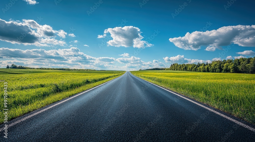 Wide open road leading into the horizon with clear blue sky and white clouds Wide open road leading into the horizon with clear blue sky and white clouds
