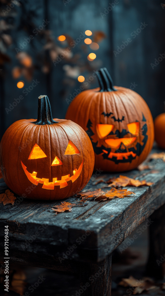 Two glowing jack-o'-lanterns sit on a rustic wooden bench. Two glowing jack-o'-lanterns sit on a rustic wooden bench.
