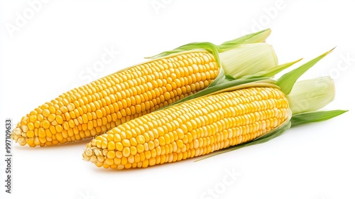 Golden ears of corn stand out against a pure white backdrop.