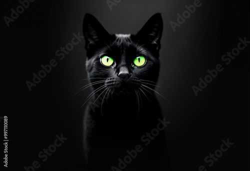 Black Cat with Bright Green Eyes in a Dark Background