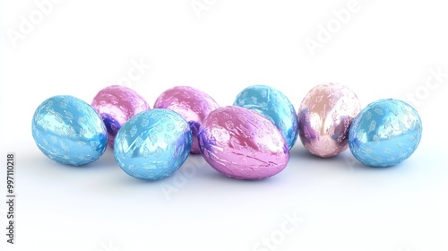 Colorful Easter Egg Collection. Vibrant Chocolate Eggs in Aqua, Pink and Blue Foil. Festive Season Celebration