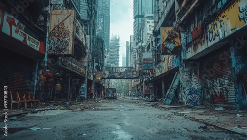 In the midst of a thick fog, a deserted city street was wreathed in graffiti and crumbling buildings.