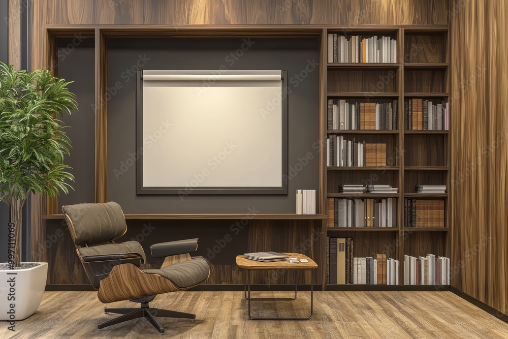 custom made wallpaper toronto digitalElegant Business Consulting Room with Stylish Furniture and Wooden Shelf Mockup