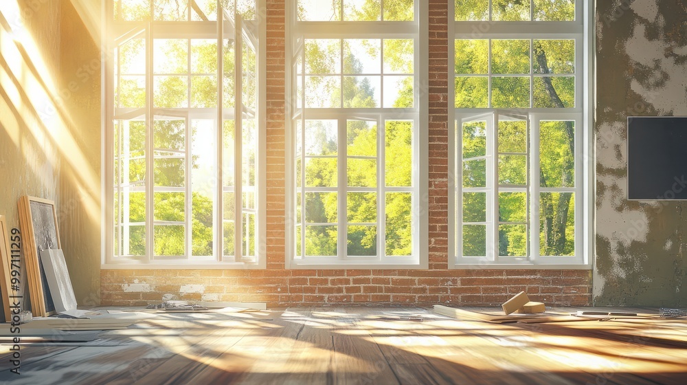 Fototapeta premium Home refurbishment process on a sunny day, featuring large, modern windows that allow natural light to flood the space. The image captures the essence of home improvement and renovation.