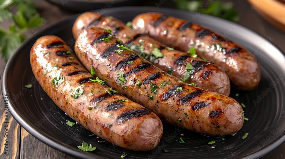 Grilled sausages on a plate, seasoned with herbs and grilled lines. Grilled sausages on a plate, seasoned with herbs and grilled lines.
