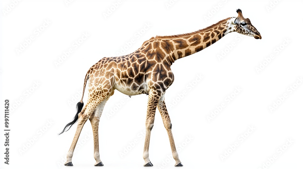 Fototapeta premium Here is a picture of a giraffe. It's standing by itself on a pure white backdrop. The image shows the giraffe from the side.